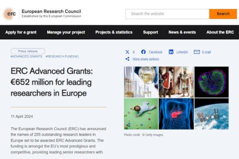 Die Webseite des Europäischen Forschungsrats listet die jüngst mit den ERC Advanced Grants ausgezeichneten Forscher auf.