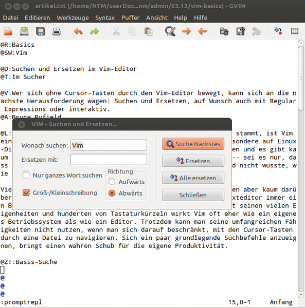 Abbildung 2: Ganz ohne Tastaturkürzel: Die grafische Version von Vim unterstützt Anwender bei der Suche mit dem von anderen Anwendungen bekannten Dialogfenster. 