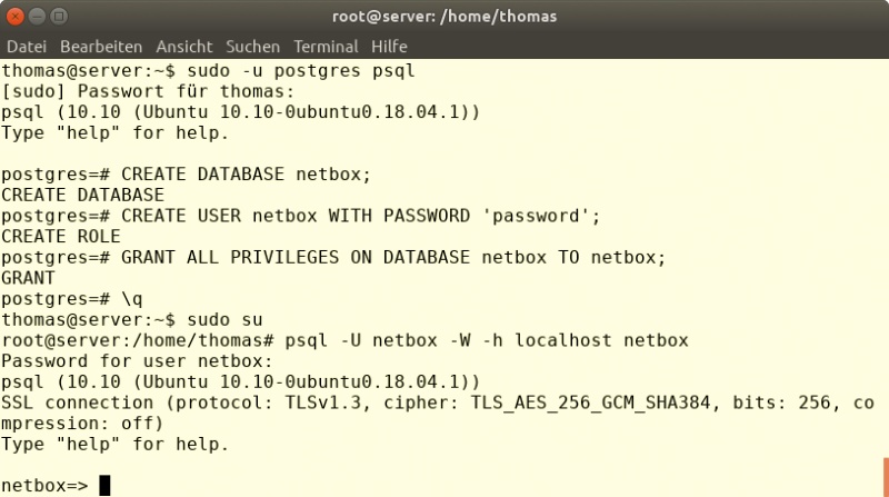 Bild 1: Beim Anlegen der Netbox-Datenbank in PostgreSQL sollten Sie auf ein sicheres Passwort achten und anschließend die Authentifikation testen.