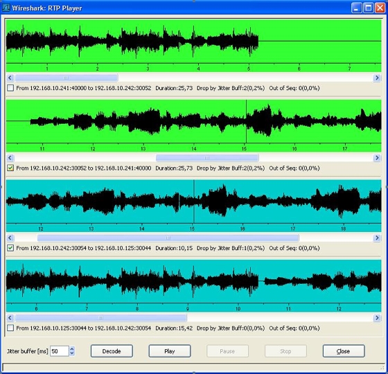 Bild 6: Die Darstellung der ausgewählten RTP-Streams, die sich auch akustisch wiedergeben lassen.