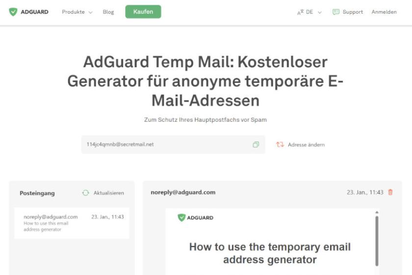 Mit AdGuards Temp Mail ist das Erzeugen von Wegwerfadressen besonders einfach.