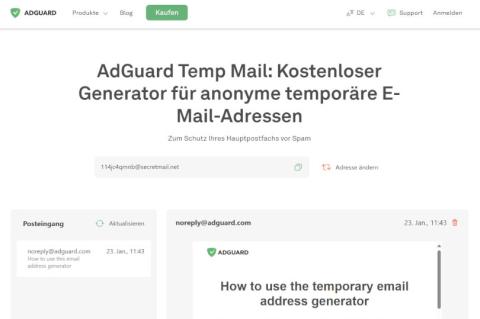 Mit AdGuards Temp Mail ist das Erzeugen von Wegwerfadressen besonders einfach.