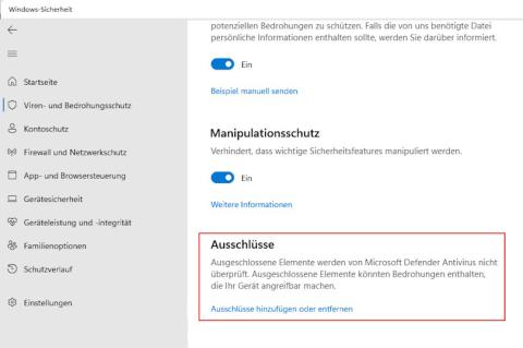 Um zur Liste des Scan-Ausschlüsse für den Microsoft Defender zu gelangen, müssen Sie sich quer durch das Settings-Menü klicken.